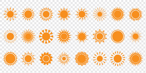 Sun vector illustration set in yellow color. Sun icon set. Yellow sun icons. Sunset icon collection. Yellow sun star icons. Solar energy. Vector illustration