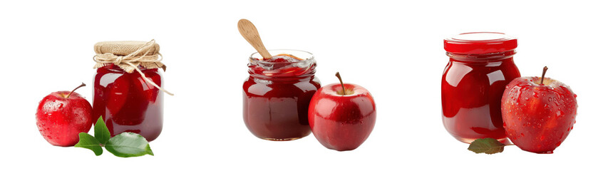 A collection of jars filled with apple jam, accompanied by fresh apples, showcasing a delicious fruit preserve.