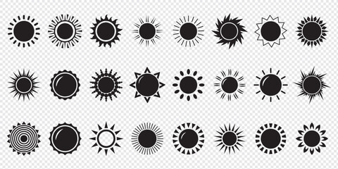 Simple sun icon set. Shine sun ray set. Sun icon set. Black sun star icons collection. Summer, sunlight, nature, sky. Vector illustration isolated on white background.