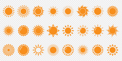 Sun icon set. Yellow sun icons. Shine sun ray set. Sunset icon collection. Yellow sun star icons. Vector illustration