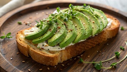 A delicious avocado toast topped with cream cheese, thyme, and everything bagel seasoning sits on a rustic wooden board