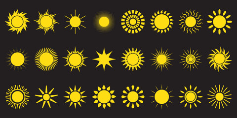 Sun icon set. Yellow sun icons. Shine sun ray set. Sunset icon collection. Yellow sun star icons. Hot solar energy for tan. Vector illustration