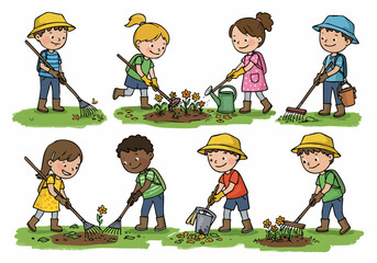 Happy diverse children doing gardening and yard work activities like raking leaves, planting flowers, and watering, illustration set
