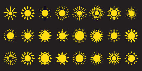 Sun icon set. Yellow sun icons. Shine sun ray set. Sunset icon collection. Yellow sun star icons. Vector illustration
