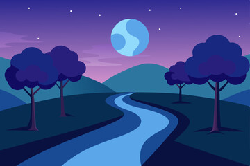 Moonlit road through a dark night landscape with stars, trees, and distant mountains