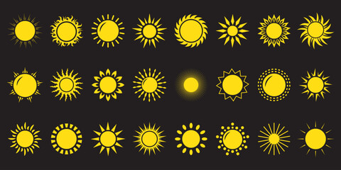 Sun icon set. Yellow sun icons. Shine sun ray set. Sunset icon collection. Yellow sun star icons. Hot solar energy for tan. Vector illustration