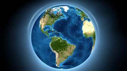 Rotating earth globe showing land and ocean, glowing against dark - Powered by Adobe