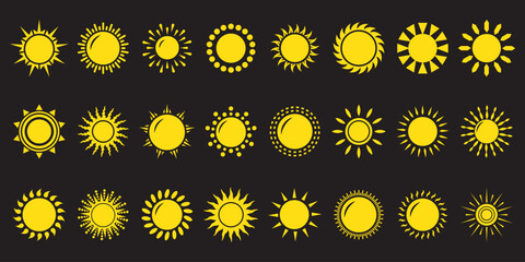 Sun icon set. Yellow sun icons. Shine sun ray set. Sunset icon collection. Yellow sun star icons. Hot solar energy for tan. Vector illustration