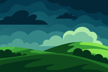 Fototapeta premium Mountainous landscape with green fields, trees, and cloudy sky