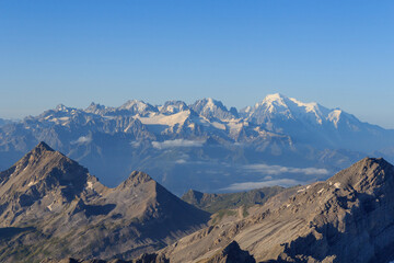 Mountain panorama with mountain massif Mont Blanc in the morning seen from Grand Muveran in Swiss...