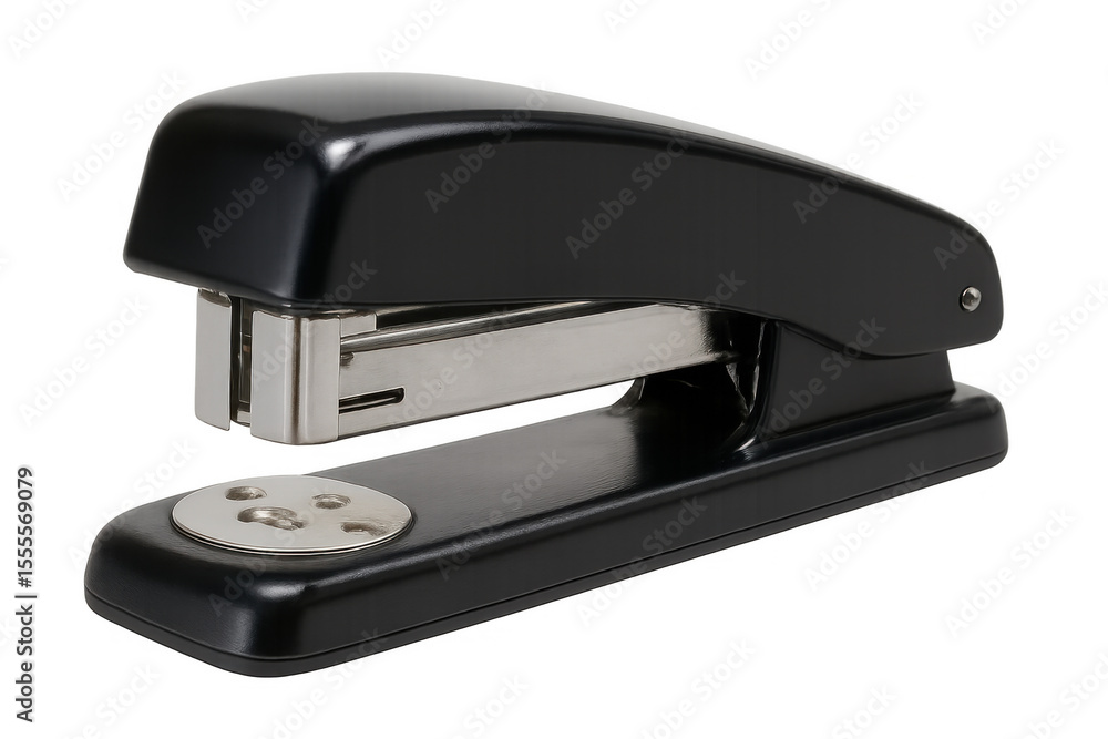 Poster black stapler resting on a transparent background, ready for binding documents in an office setting