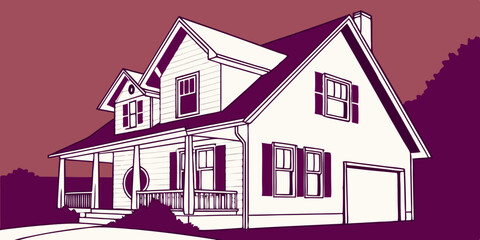 3D rendering picture of a nice white house, used for ads about buying and selling homes, safety, and building houses in purple pink background vector illustration. 