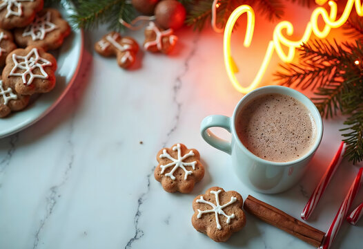 Cozy Christmas scene with hot cocoa, gingerbread cookies, and festive decorations.