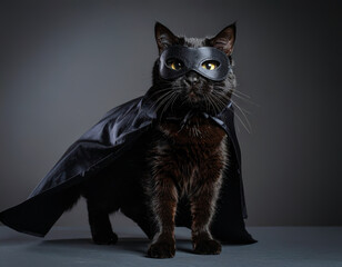 Obraz premium Black Cat in Dark Cape and Mask Posing Heroically in Studio