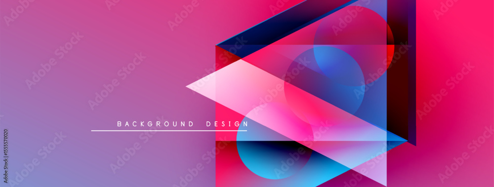 Poster abstract geometric shapes overlap, creating vibrant pink, blue gradients. text reads background desi