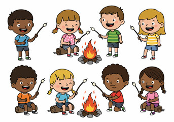 Diverse cartoon children happily roasting marshmallows around a campfire during a summer outdoor adventure or camping trip.