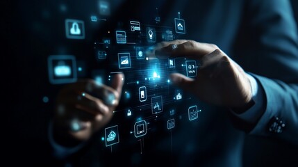 Businessperson interacts with digital application icons