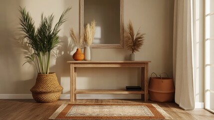 Fototapeta premium Beige entryway with wooden console table