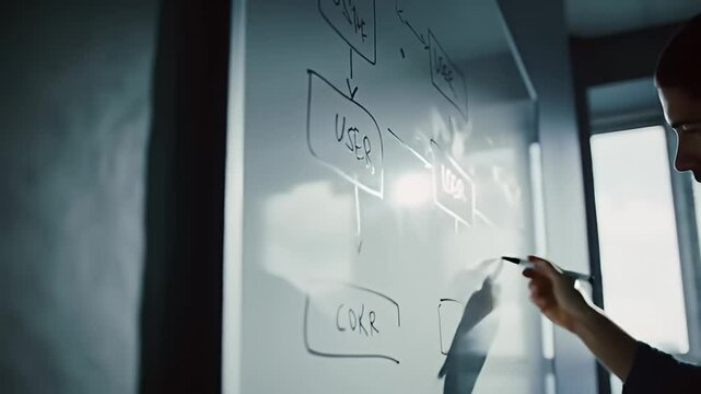 Whiteboard diagram with boxes, arrows, and handwritten text