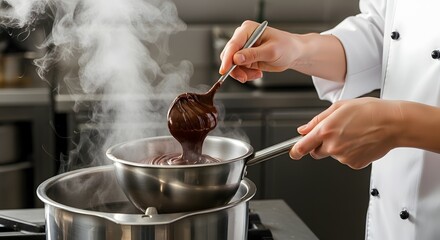 Professional Chef's Hands Stirring Rich Melted Chocolate in a Steaming Double Boiler, Preparing Sweet Confectionery or Dessert in a Commercial Kitchen