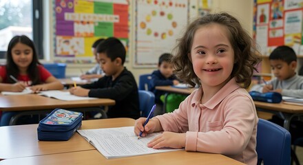 Fototapeta premium A happy girl with Down syndrome studies in a classroom, engaging with her schoolwork.