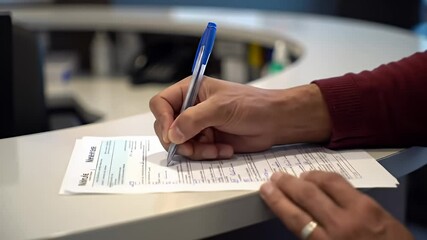 Hand signs form with a blue pen on desk, wearing wedding ring