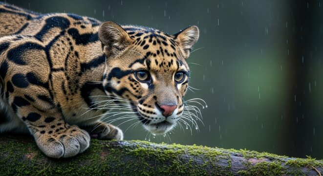 Ai generated image of a clouded leopard peers intently from a mossy branch in the rain
