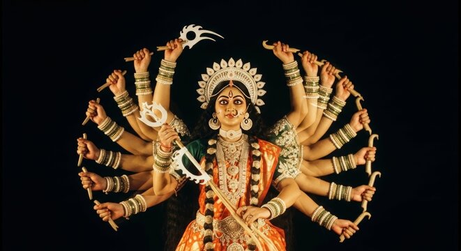 Ai generated image of a powerful portrait of goddess durga, adorned with weapons