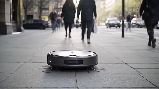 Robot vacuum cleans sidewalk; pedestrians walk by in background