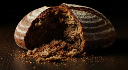 Fototapeta premium Ai generated image of a rustic loaf of dark brown bread sits on a wooden surface, crumbs scattered nearby