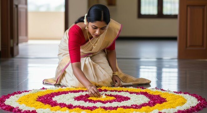 Ai generated image of a woman in a white sari decorates a vibrant rangoli on the floor