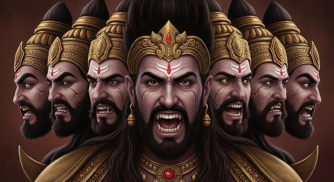 Ai generated image of a closeup illustration of the tenheaded demon king ravana