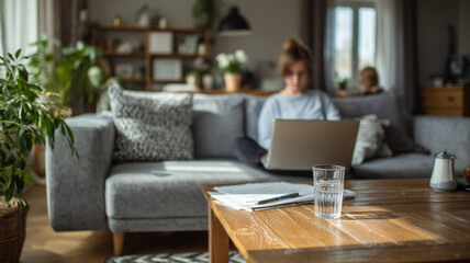 White woman working on laptop on sofa with child in background, wooden coffee table with glass of water and papers, bright home interior with plants, casual outfit