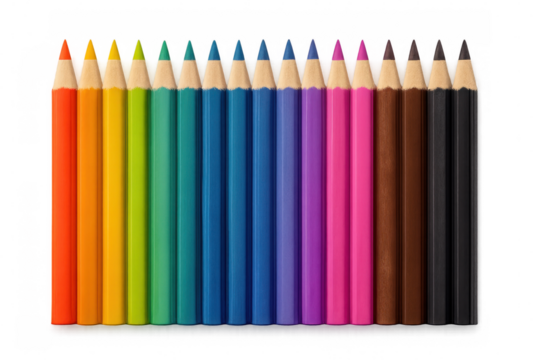 Sharpened colored pencils forming rainbow gradient, aligned neatly against transparent backdrop, showcasing artistic color spectrum