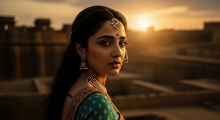Ai generated image of a beautiful indian woman in a saree looks calmly into the distance at sunset