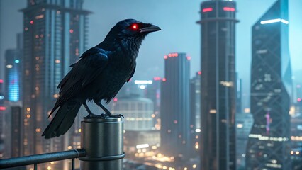 A black crow with glowing red eyes perches on a post overlooking a futuristic cityscape at night