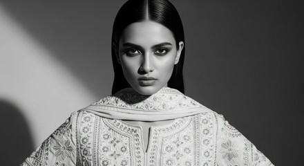 Ai generated image of a black and white portrait of an elegant indian woman in a beautiful dress