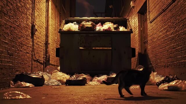 A cat walks through a narrow alley littered with garbage and a dumpster