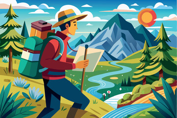 Fototapeta premium Hiking through vibrant landscapes with a map in hand under a sunny sky near a flowing river