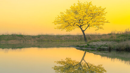 A blooming yellow-flowered tree standing tall beside a calm reflective pond, with the yellow sky mirrored in the watera??s surface during a tranquil spring morning