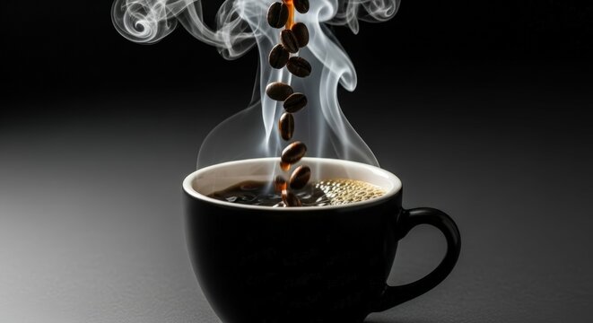 Ai generated image of darkly lit closeup of a steaming cup of coffee with falling beans