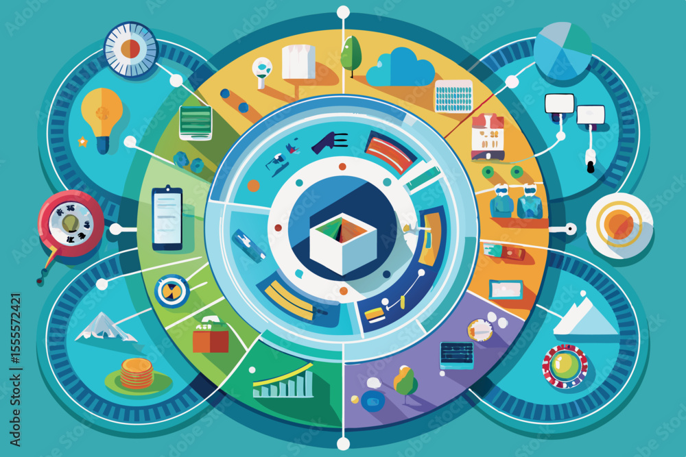 Poster visual representation of data analysis concepts with colorful infographics and diagrams