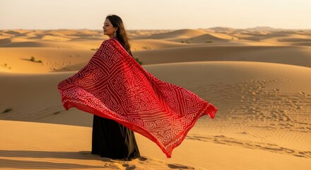 Ai generated image of a woman in a black dress and red scarf stands in a desert