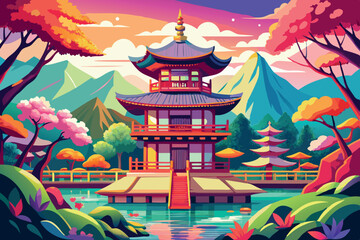 Fototapeta premium Colorful Asian landscape featuring traditional pagoda near serene water surrounded by lush mountains and vibrant trees at sunset