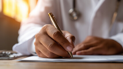 Physician Writing Prescription at Sunrise – Golden Pen Highlights Accurate Diagnostics, Professional Authority and Thoughtful Patient-Centred Medical Documentation
