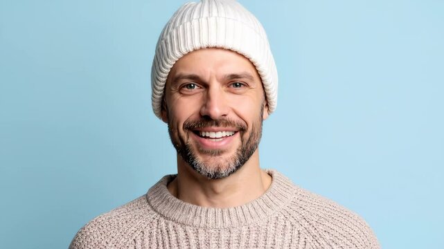 Smiling man in a knit cap looking friendly He has warm eyes and a genuine expression against a blue backdrop