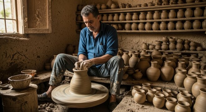 Ai generated image of a senior potter skillfully shapes clay on a spinning wheel in his rustic workshop