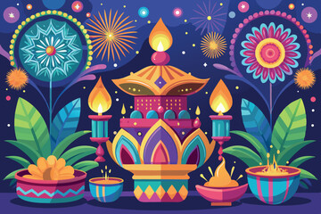 Fototapeta premium Vibrant festival decoration with colorful lamps and fireworks creating a joyful atmosphere during a celebration