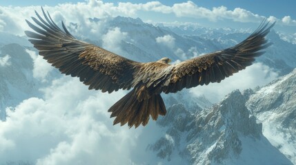 Majestic eagle soaring high above snow-capped mountains and clouds.