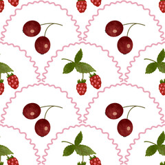 Cherry and strawberry seamless pattern. Hand drawn red berries on scalloped white background. Raster illustration for fabric, packaging, textile, apparel, wallpaper